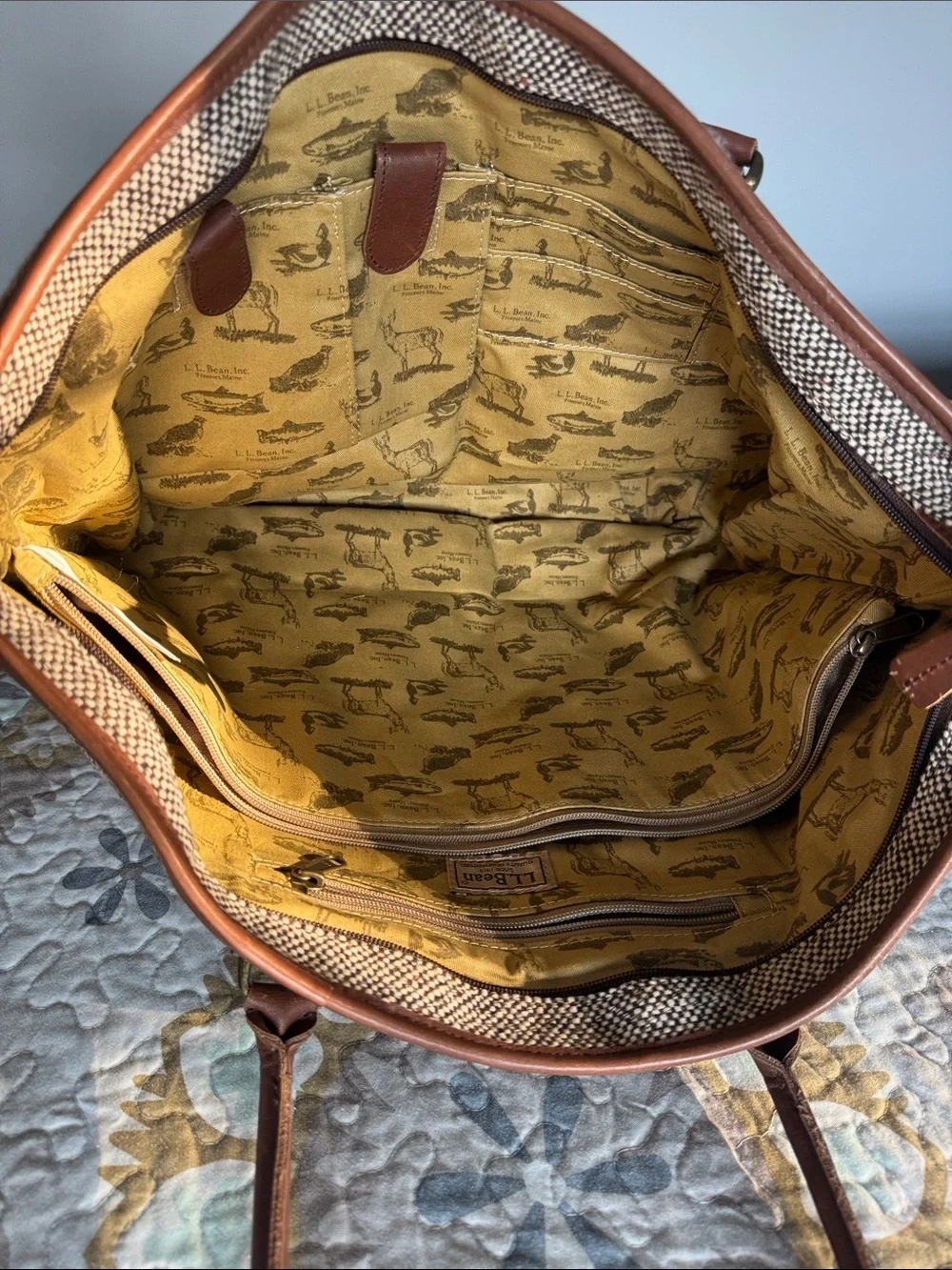 Vintage L.L. Bean Tan Tweed Tote with Brown Leather Trim and Handles